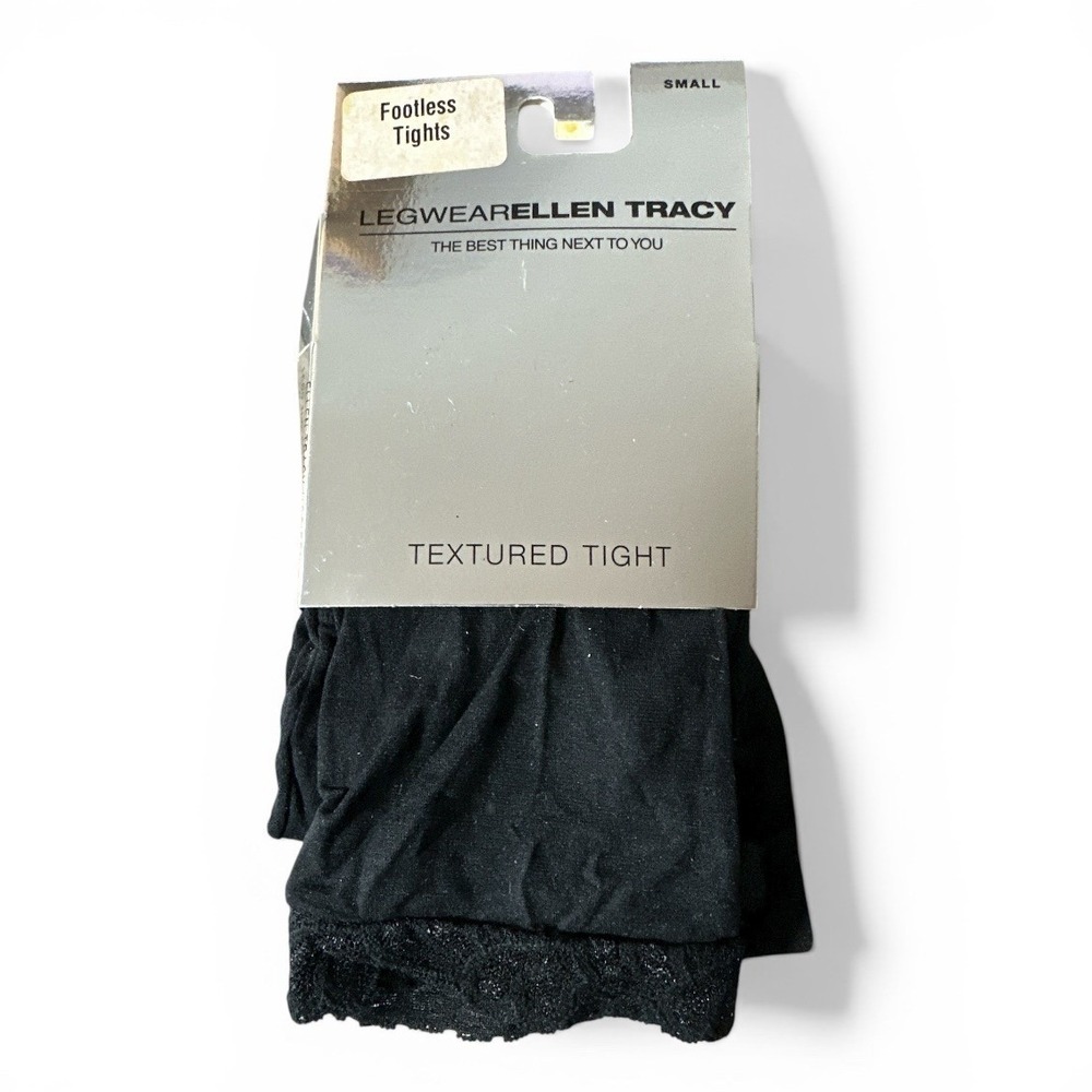 Ellen Tracy Vintage Footless Textured Tights Women Small Black‎ Lace Trim NWT